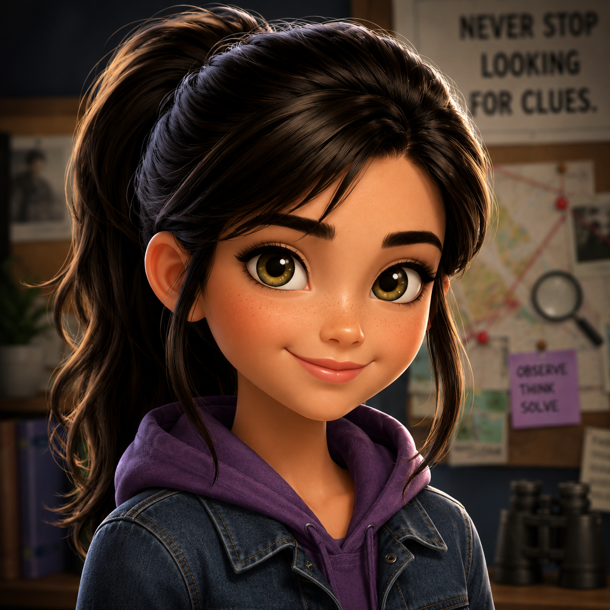 Izzy Flynn, a dark-haired 12-year-old detective with hazel eyes
