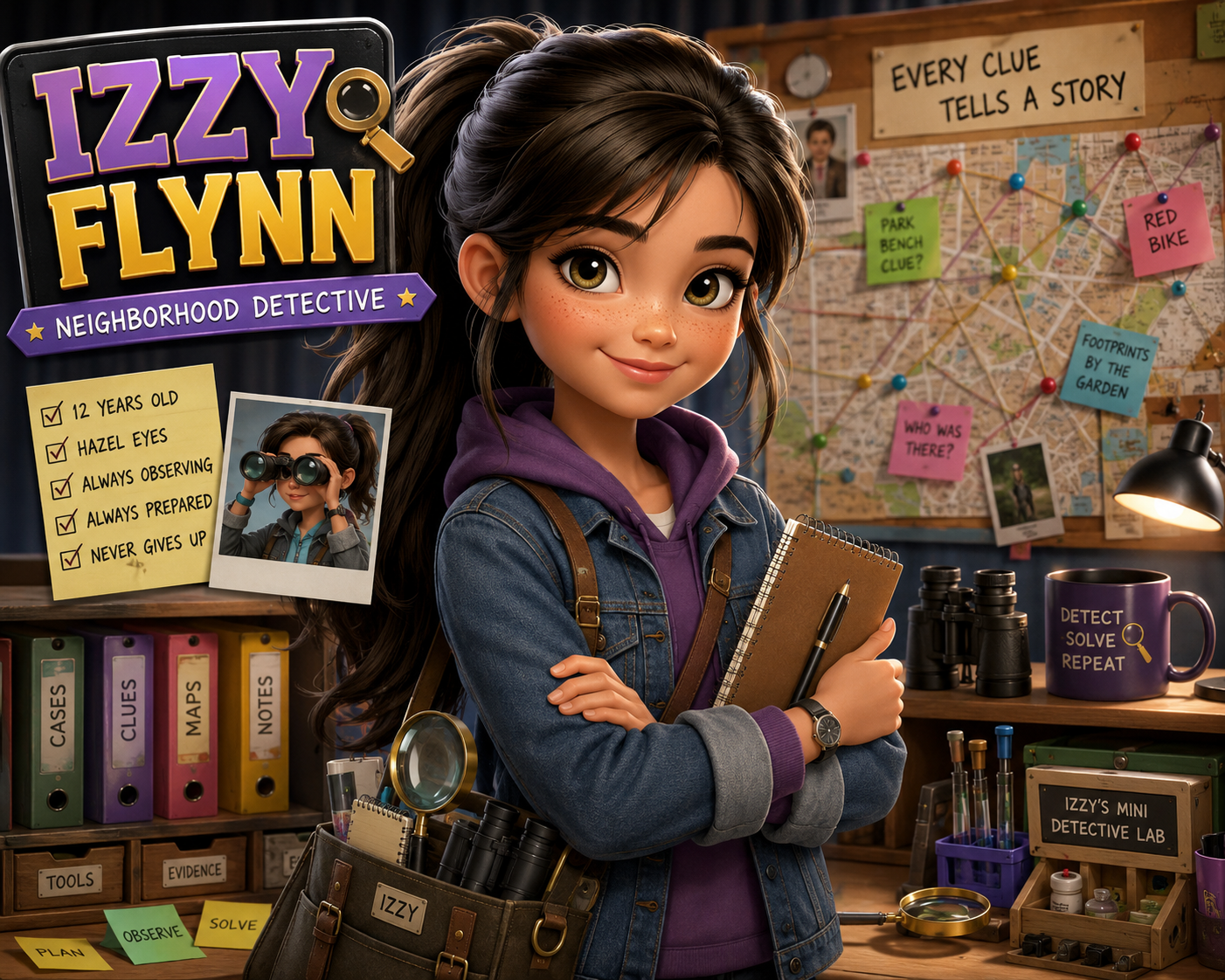 Izzy Flynn standing in her detective workspace with a notebook and evidence board